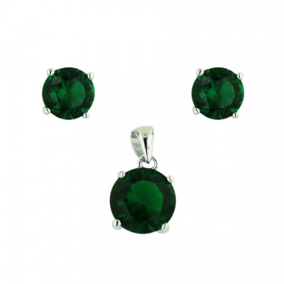 Sterling Silver Pendant 10mm+Earring 8mm Round Emerald Green Glass St