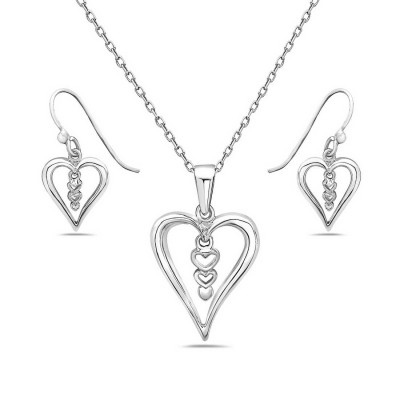 Sterling Silver Set Open Heart with 3 Join Heart Dangle inside