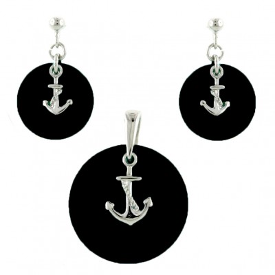 Sterling Silver Pendant (22mm) +Earg (14mm) Sets Round Flat Onyx with P
