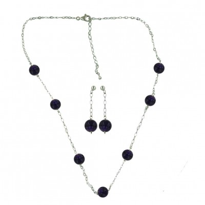 Sterling Silver Necklace (7Pcs) +Earg (2Pcs) Sets 8mm Amethyest Bal