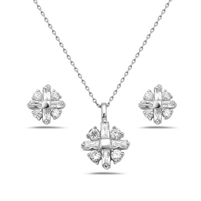 Sterling Silver Set 4 Clear Cubic Zirconia Baguette with 4Pcs Clear Cubic Zirconia