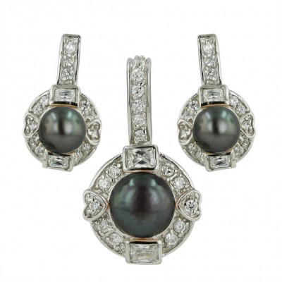 Sterling Silver Set Gray Fresh Water Pearl Clear Cubic Zirconia Surrounded with Heart+Rectangular.