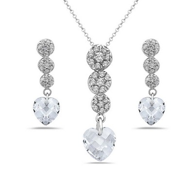 Sterling Silver Set 3 Graduated Clear Cubic Zirconia Top+Clear Cubic Zirconia Chess Cut Hea