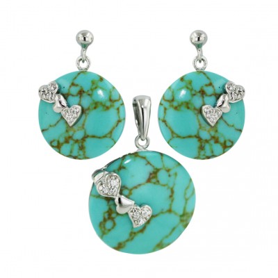 Sterling Silver Pendant 19mm+Earring 15mm Round Faux Turquoise with Clear Cubic Zirconia+Plain