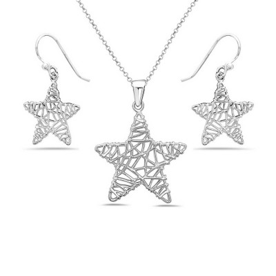 Sterling Silver Pendant 25mm+Earring 18mm Plain Lined Star with Fish Hoo