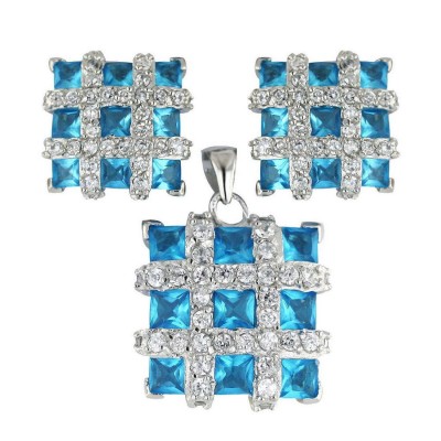 Sterling Silver Pendant 17X17mm+Earring 13X13mm Square 3 Pcs Blue Topaz