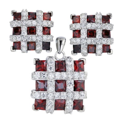 Sterling Silver Pendant 17X17mm+Earring 13X13mm Square 3 Pcs Garnet Cubic Zirconia Square P