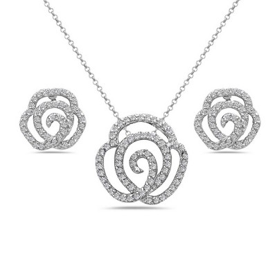 Sterling Silver Set Clear Cubic Zirconia Open Flower