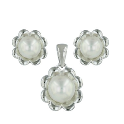 Sterling Silver Pendant 12mm+Earring 10mm White Fresh Water Pearl Wit