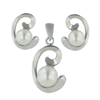 Sterling Silver Pendant 8mm+Earring 6mm White Fresh Water Pearl with Silver "C" Curly