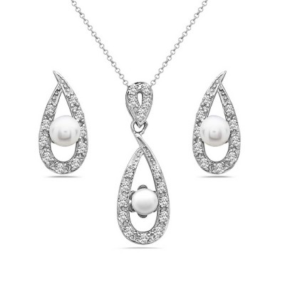 Sterling Silver Set White Fresh Water Pearl+Clear Cubic Zirconia Open Frame