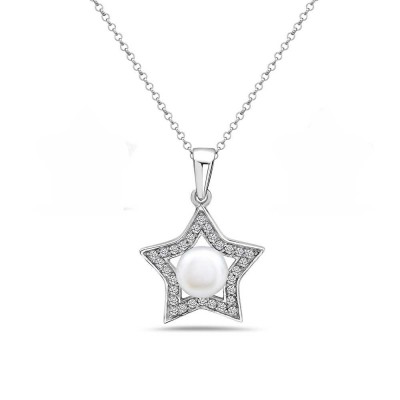 Sterling Silver PENDANT CLEAR Cubic Zirconia STAR+WHITE FRESH WATER PEARL