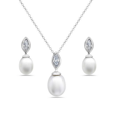 Sterling Silver Pendant 10mm+Earring 8mm White Freshwater Pearl with Clear