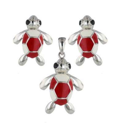 Sterling Silver Set Earring and Pendant Red +White Enamel Turtl