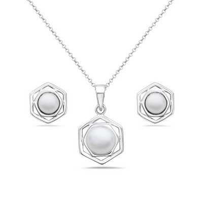 Sterling Silver Set Earring and Pendant Hexagon 8mm Potato Fres