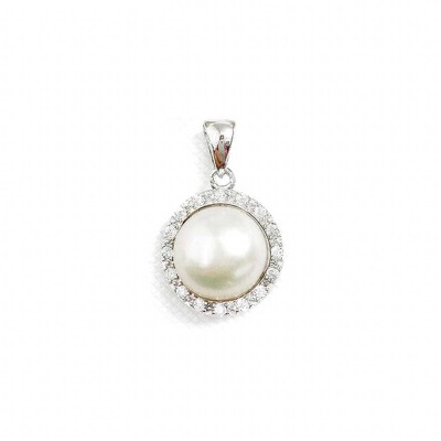 Sterling Silver PENDANT 10MM Fresh Water Pearl CENTER CLEAR Cubic Zirconia SURROUND