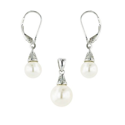 Sterling Silver Set Round Faux Pearl Lever Back