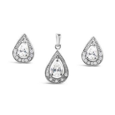 Sterling Silver Set Open Teardrop with Teardrop Clear Cubic Zirconia Center