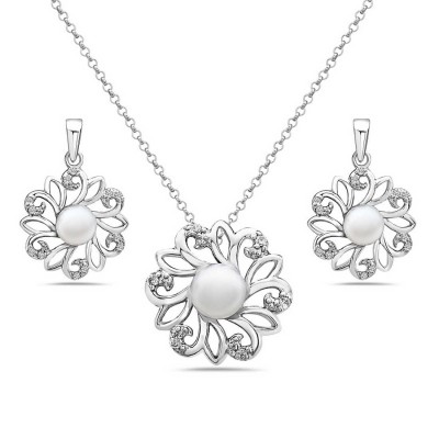 Sterling Silver Set Flower Clear Cubic Zirconia Curl 5+6mm Potato Fresh Water Pearl
