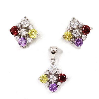 Sterling Silver Set Rd Mix Cubic Zirconia Forming Diamond Shape