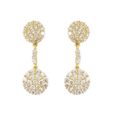 Sterling Silver Earring Clear Cubic Zirconia Paved Disk Dangle -Gold E-Coat-