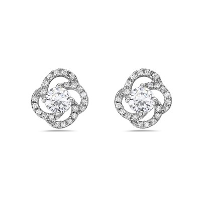 Sterling Silver Earring 6mm Clear Cubic Zirconia Stud with Clear Cubic Zirconia Loop -Rhodium Plating-
