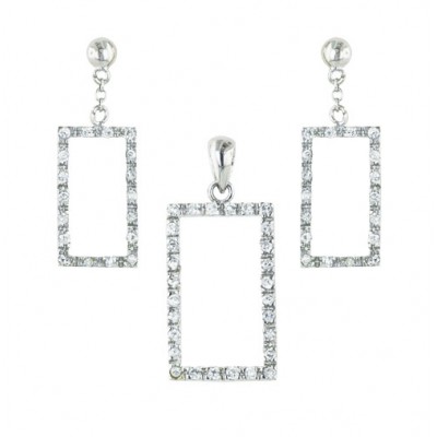 Sterling Silver Set Clear Cubic Zirconia Rectangle Outline Dangle on Post