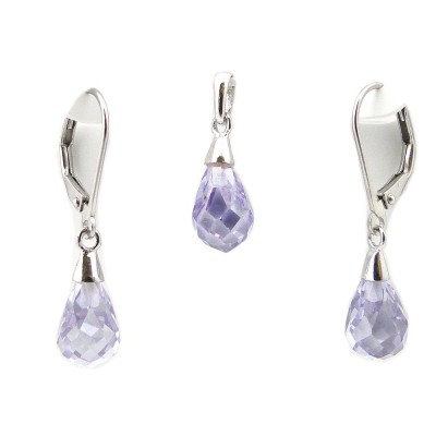 STERLING SILVER SET 10MM LAVENDER CUBIC ZIRCONIA BRIOLETTE DROP