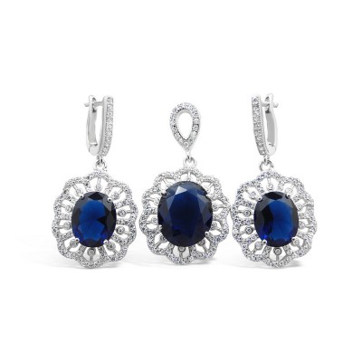 STERLING SILVER SET OVAL SAPPHIRE GLASS RADIATING CUBIC ZIRCONIA LINES
