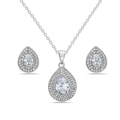 Sterling Silver SET OF TEAR DROP EARRING AND PENDANT CLEAR Cubic Zirconia P