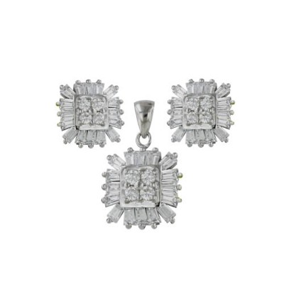 Sterling Silver Set Earring + Pndt Clear Cubic Zirconia Baguette with Rhombus Cent
