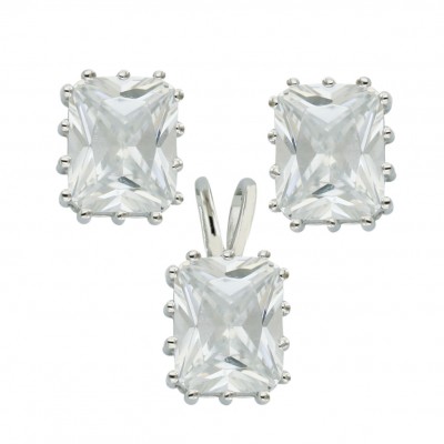 Sterling Silver Set 10X8mm Clear Cubic Zirconia Rectangular with 14 Prongs