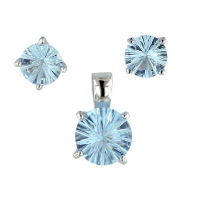 Sterling Silver Pendant (8mm) +Earg (6mm) Round Flower Cut Aqua Marine Glass