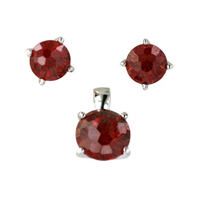 Sterling Silver Pendant (8mm) +Earg (6mm) Round Flower Cut Garnet Cubic Zirconia