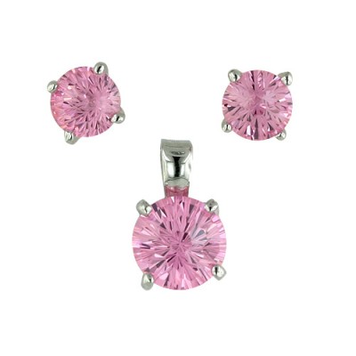 Sterling Silver Pendant (8mm) +Earg (6mm) Round Flower Cut Clear Cubic Zirconia
