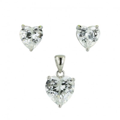 Sterling Silver Pendant 10mm+Earring 8mm Clear Cubic Zirconia Heart with 3 Prongs