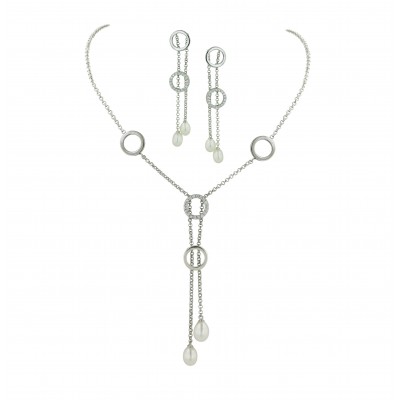 Sterling Silver Necklace+Earring Sets Plain+Cubic Zirconia Circle with White Fresh Water Pearl