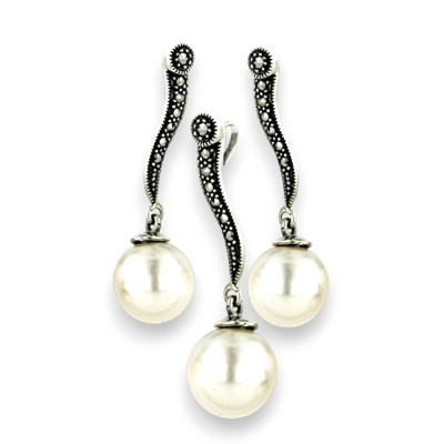 Marcasite Set 12mm 10mm White Pearldangle Marcasite Line Top