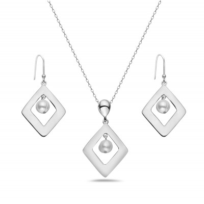 Sterling Silver Set Plain Open Rhombus with White Fresh Water Pearl Drop