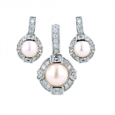 Sterling Silver Set Peach Fresh Water Pearl Clear Cubic Zirconia Surrounded with Heart+Rectangular.