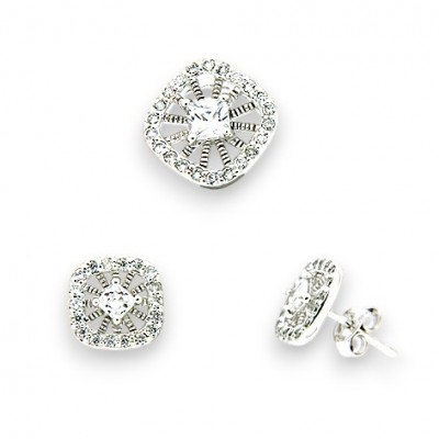 Sterling Silver Set Cushion Radiating Shape Clear Cubic Zirconia Center