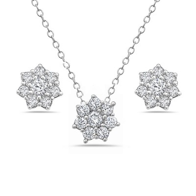 Sterling Silver Set 10mm Clear Cubic Zirconia Flower