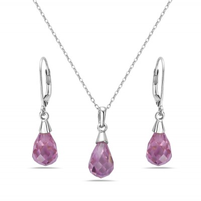 STERLING SILVER SET 10MM PINK CUBIC ZIRCONIA BRIOLETTE DROP