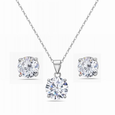 Sterling Silver Set 8mm Round Clear Cubic Zirconia Stud 4 Prongs