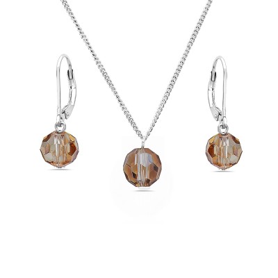 Sterling Silver Set Earring And Necklace 8 Mm Champagne Crystal