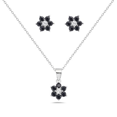 Sterling Silver SET OF FLOWER SIX PETALS CZ CENTER BLACK CZ ON