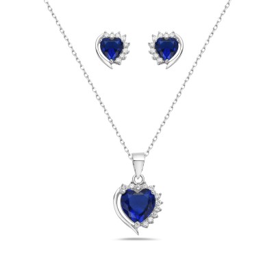 Sterling Silver SET EARRING AND PENDANT HEART SAPPHIRE GLASS CL