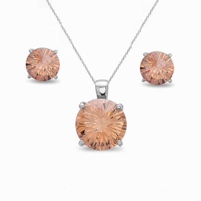 Sterling Silver Pendant (8mm) +Earg (6mm) Round Flower Cut Champagne Cubic Zirconia