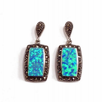 Marcasite Sterling Silver Earring Rectangular Blue
