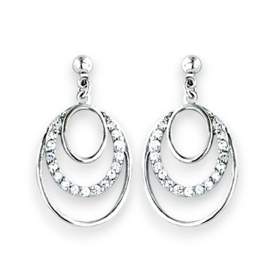 Brass Earring 3 Concentric Oval Ctr Clear Cubic Zirconia Pave Dangle